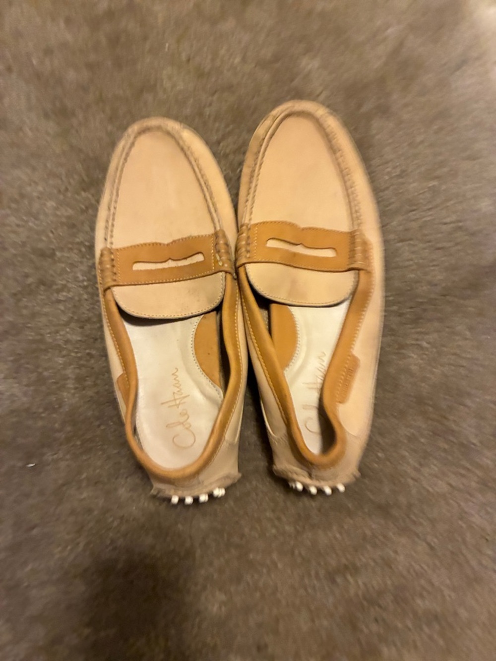 Cole Haan Beige and Tan Leather Penny Loafers